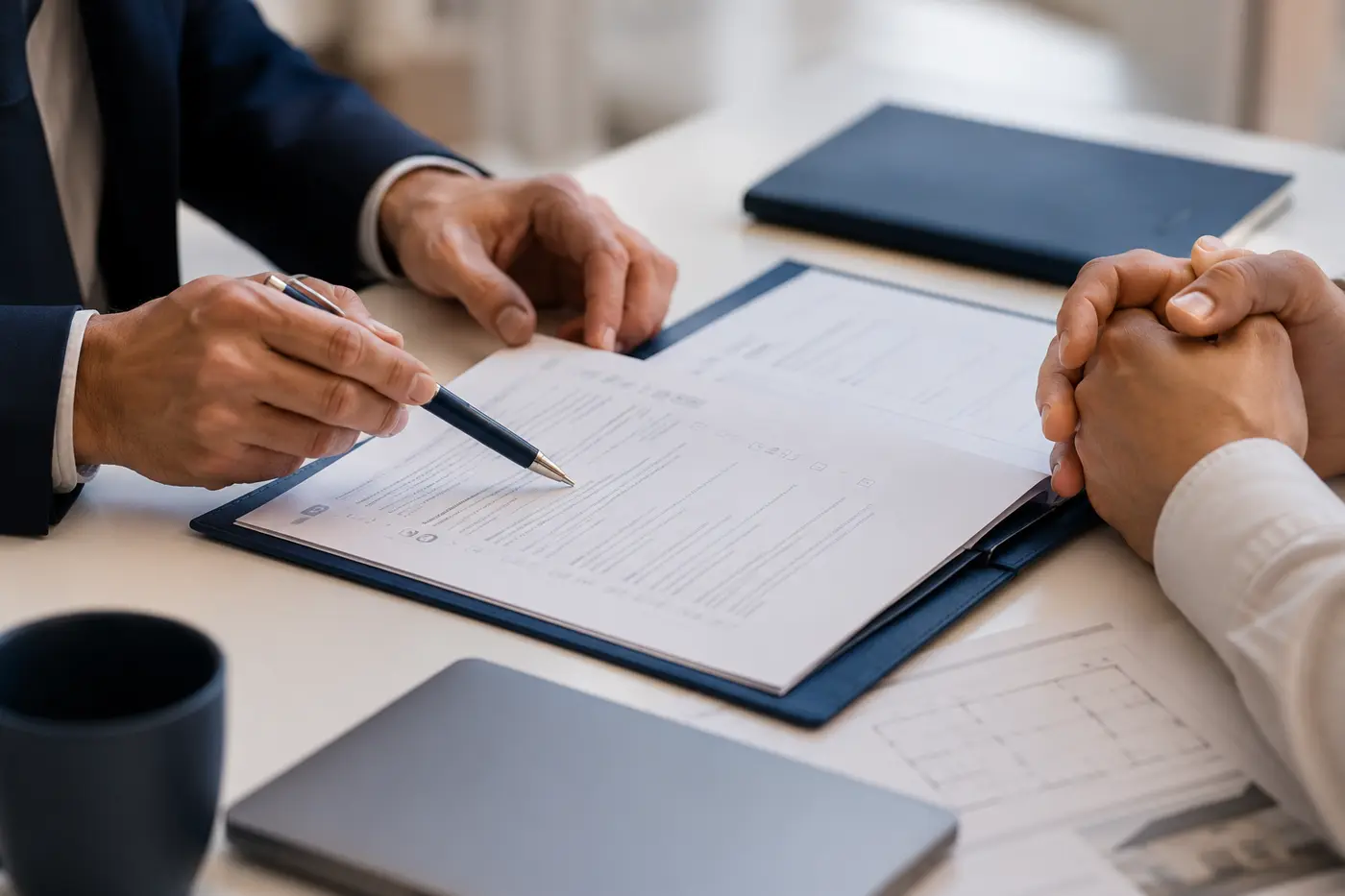 Courtier relisant les documents contractuels d’une multirisque professionnelle avec un client