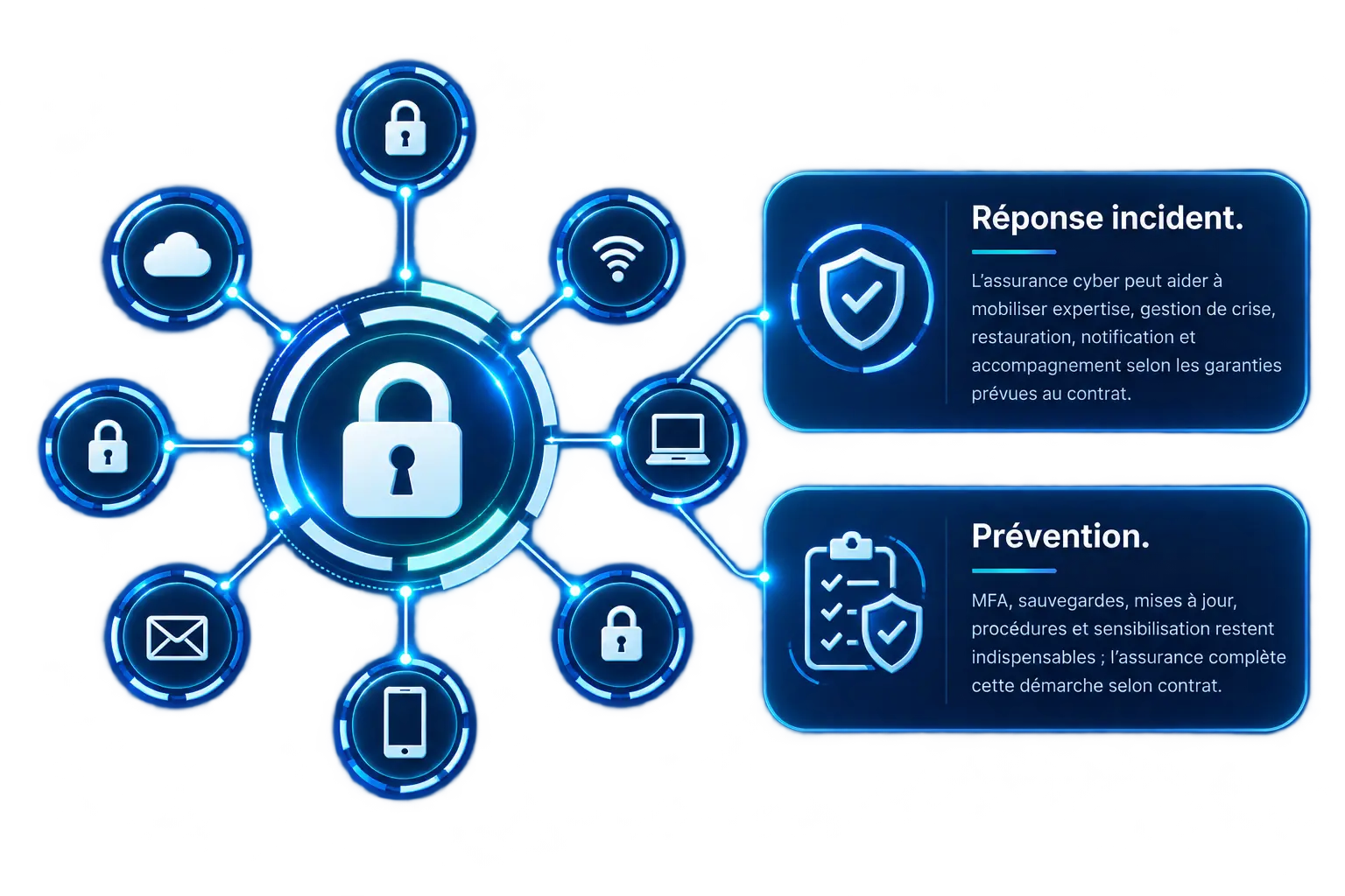 Illustration de protection cyber avec bouclier, cloud, messagerie et données