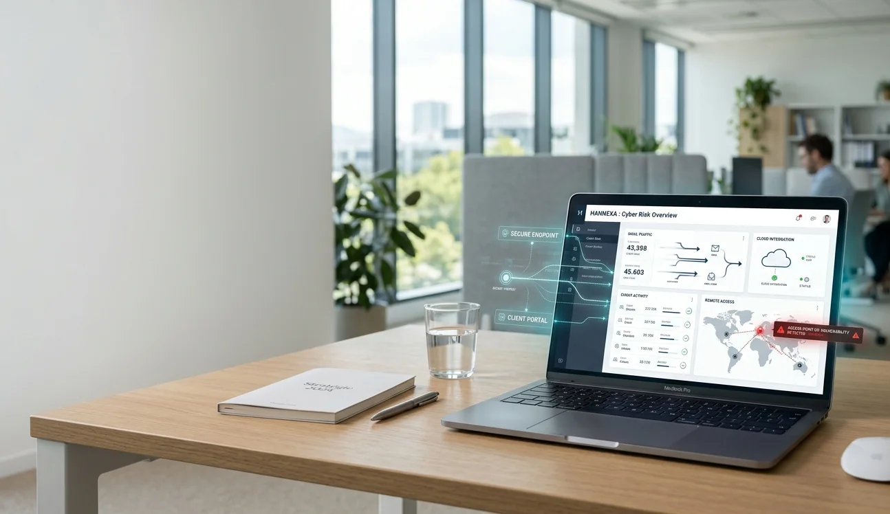 Interface Hannexa d’audit cyber avec score, signaux et dossier courtier