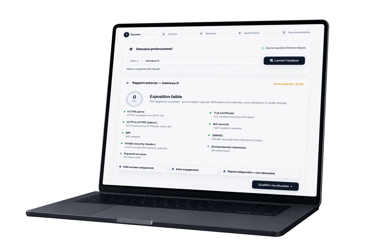 Ordinateur portable affichant l’audit cyber indicatif Hannexa pour évaluer l’exposition d’une entreprise