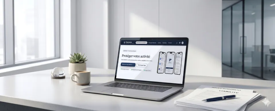 Espace de travail professionnel avec ordinateur Hannexa et attestation RC Pro